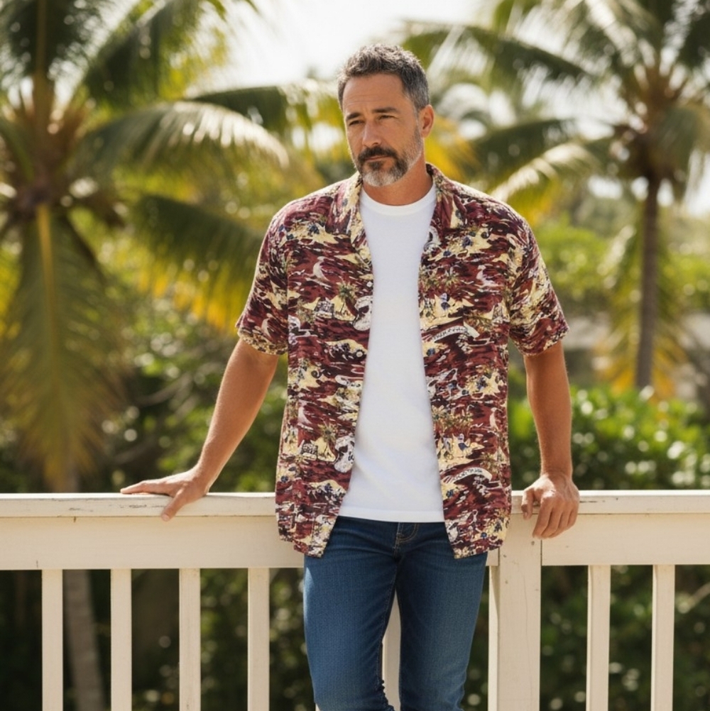 Casual Short-Sleeve Button-Down Shirt in Burgundy and Cream